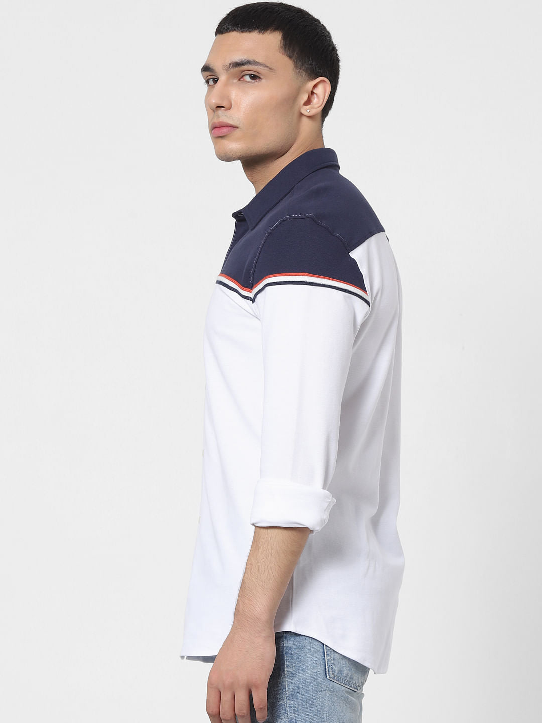 White Colourblocked Full Sleeves Shirt