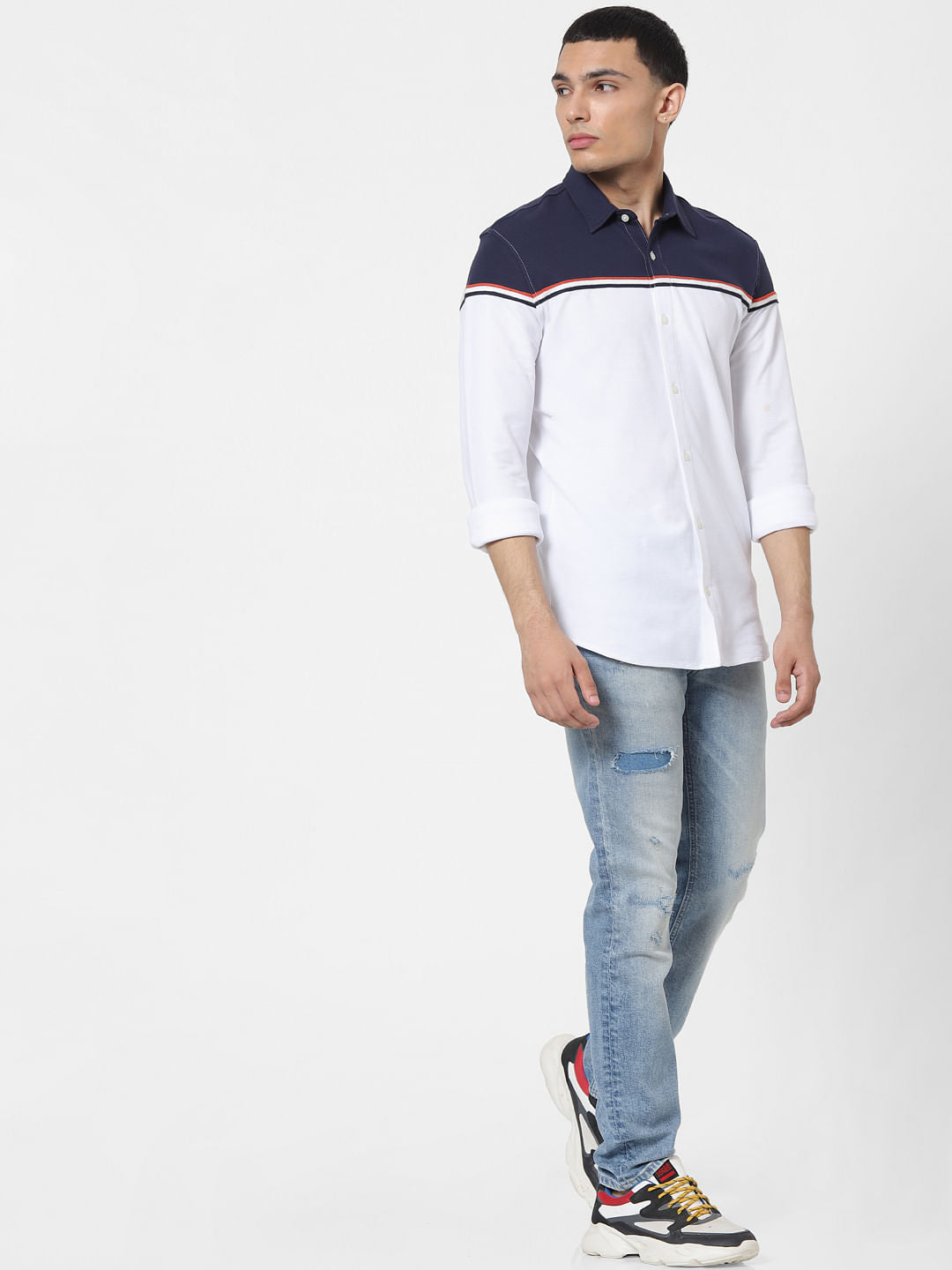 White Colourblocked Full Sleeves Shirt