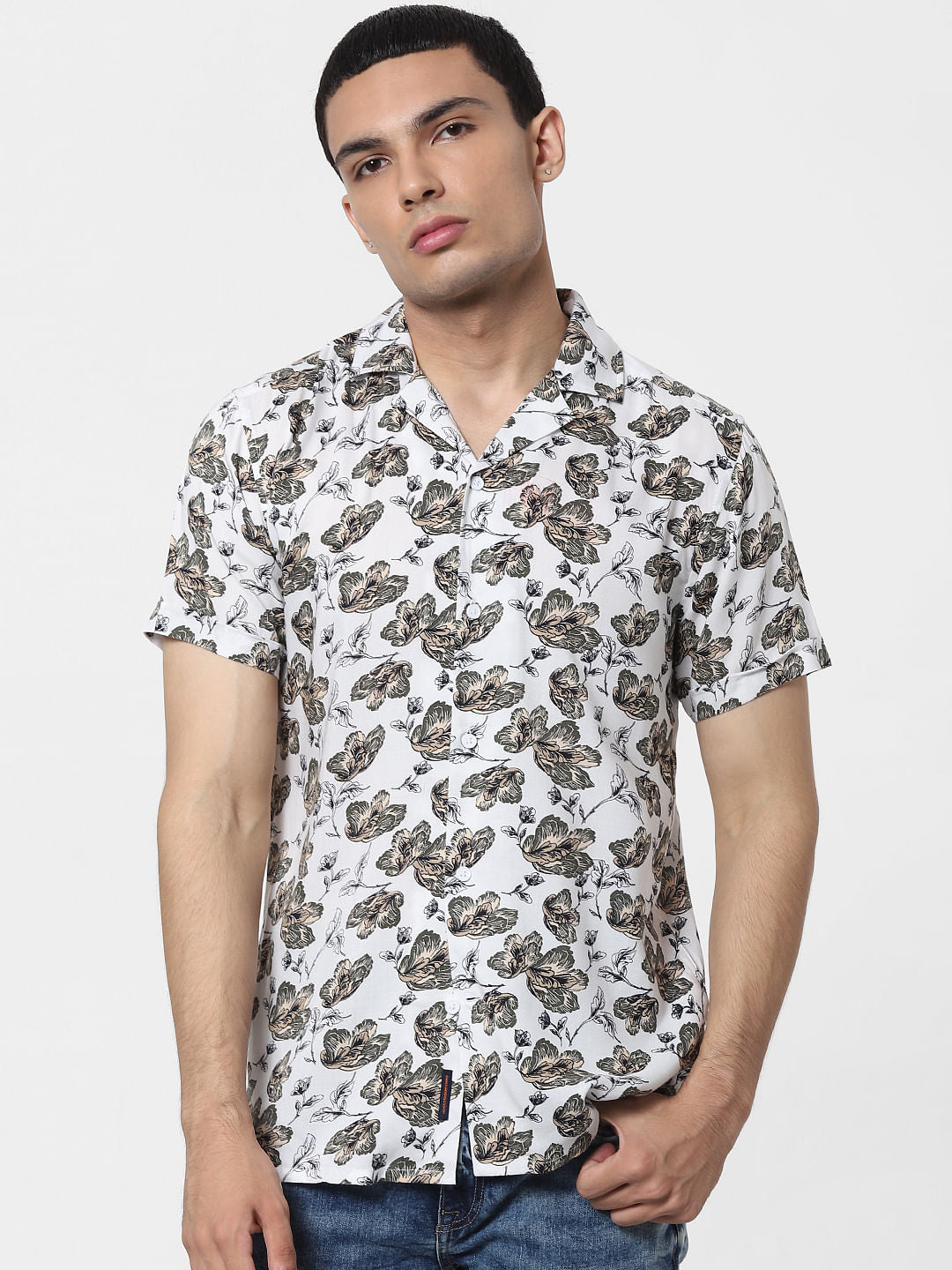White Floral Short Sleeves Shirt
