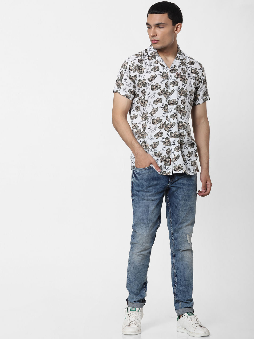 White Floral Short Sleeves Shirt