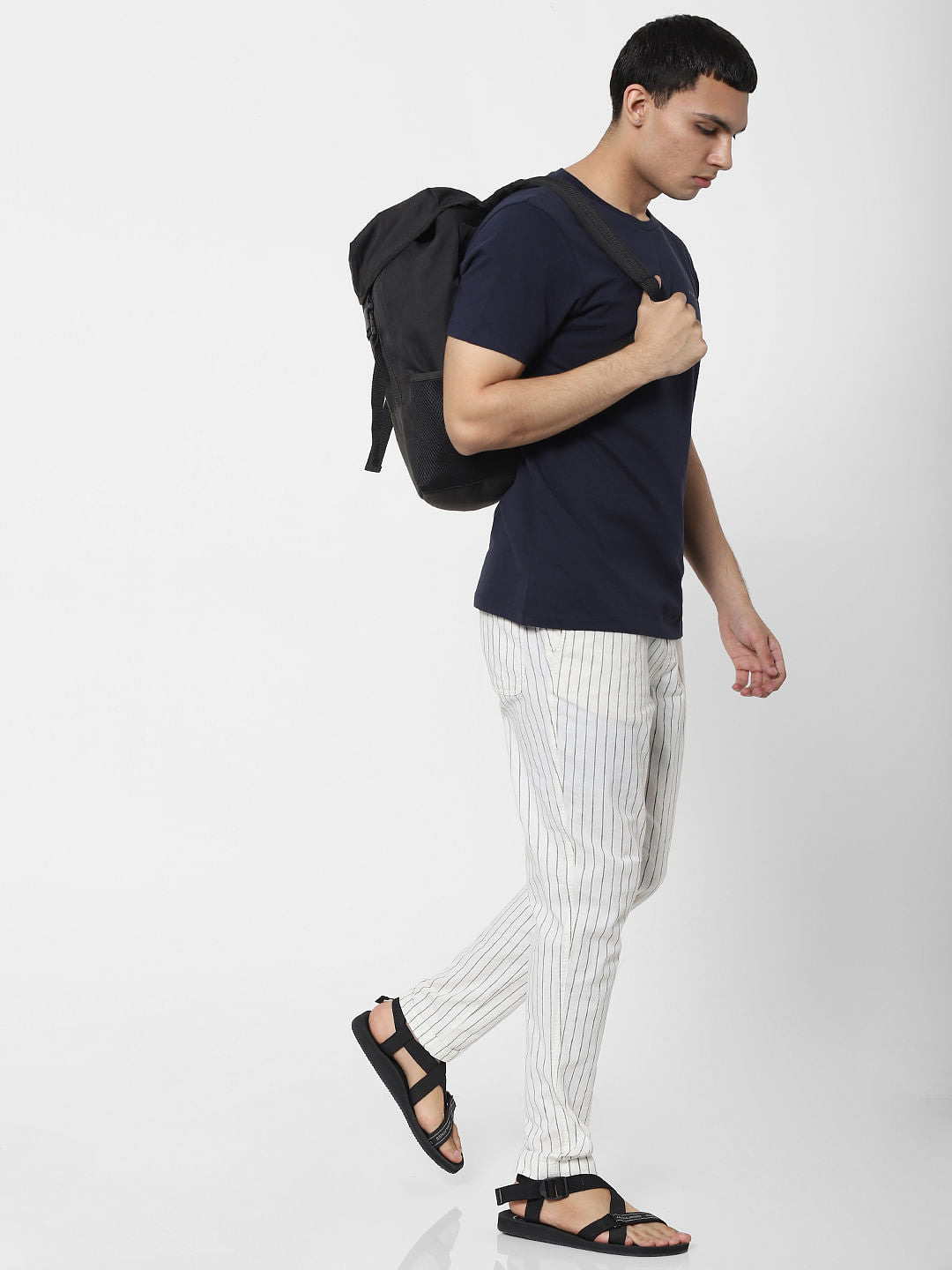 Beige Mid Rise Striped Regular Fit Pants
