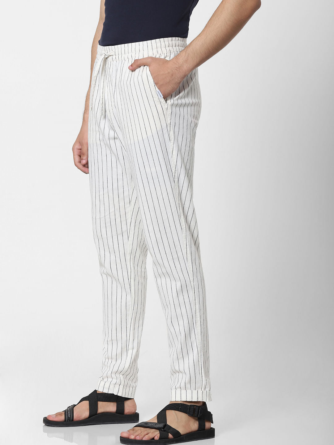 Beige Mid Rise Striped Regular Fit Pants