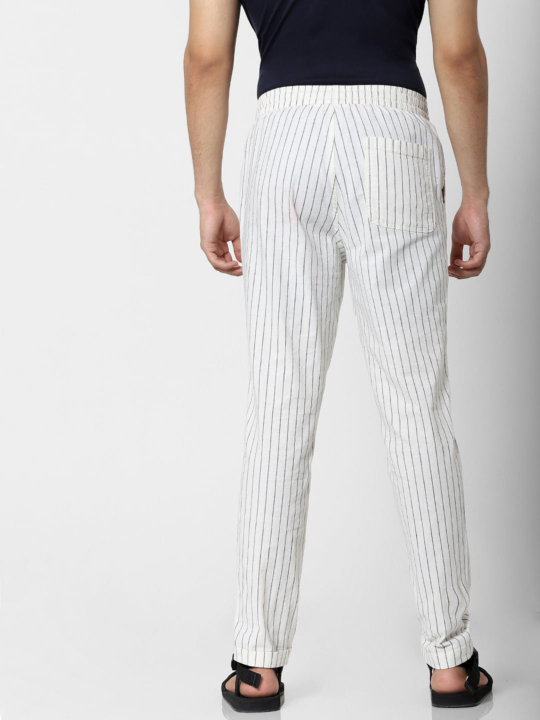 Beige Mid Rise Striped Regular Fit Pants