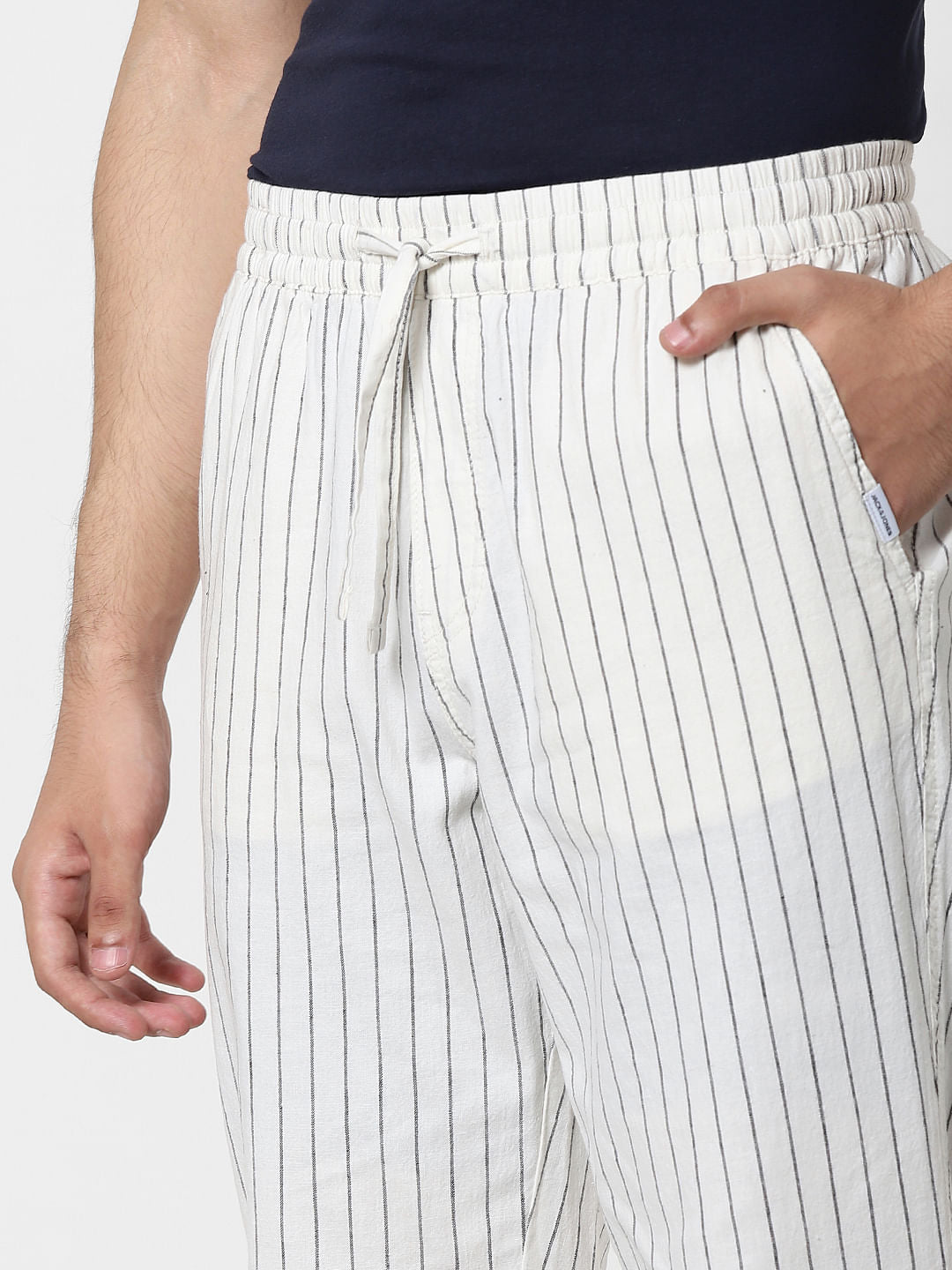 Beige Mid Rise Striped Regular Fit Pants