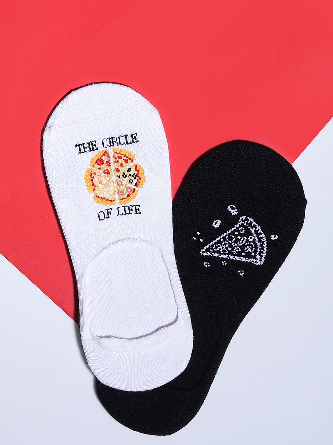 Pack Of 2 Pizza Print No Show Socks - Black & White - ONE