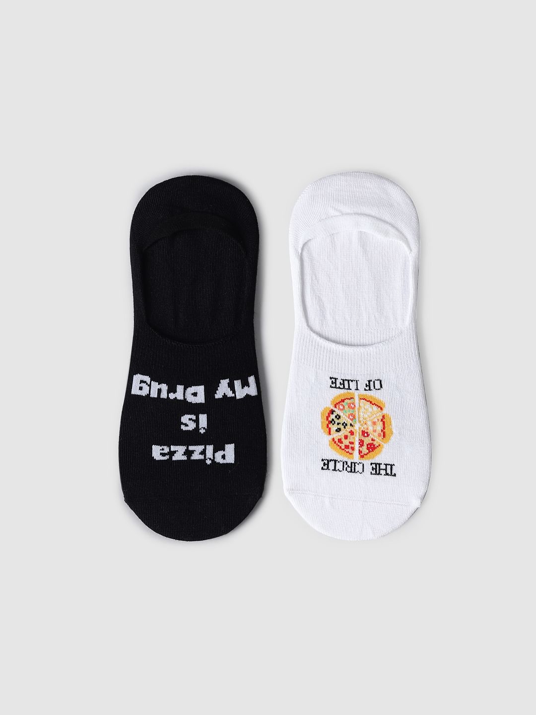 Pack Of 2 Pizza Print No Show Socks - Black & White