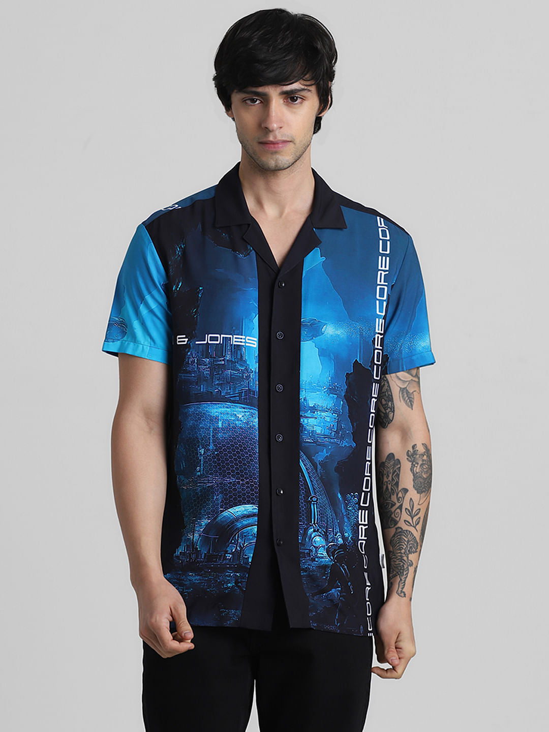 Blue Printed Short Sleeves Shirt - S