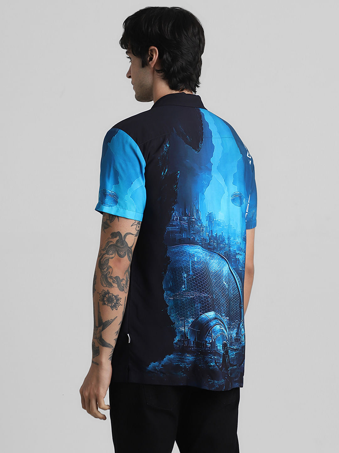 Blue Printed Short Sleeves Shirt