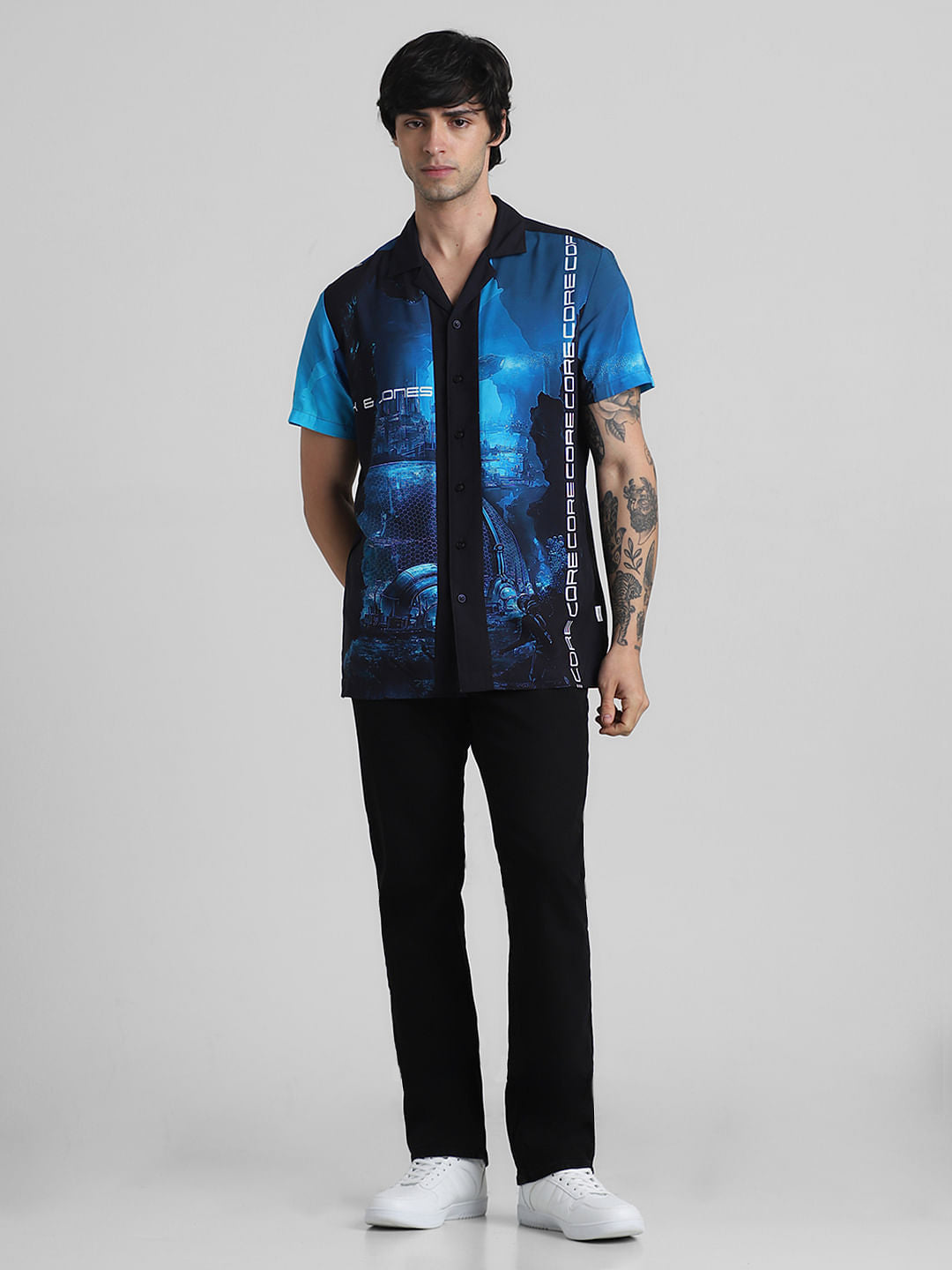 Blue Printed Short Sleeves Shirt