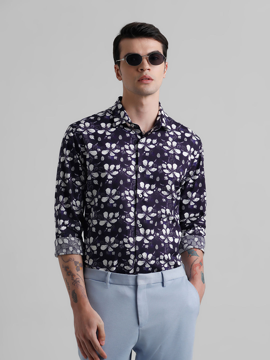 Purple Floral Full Sleeves Shirt - S