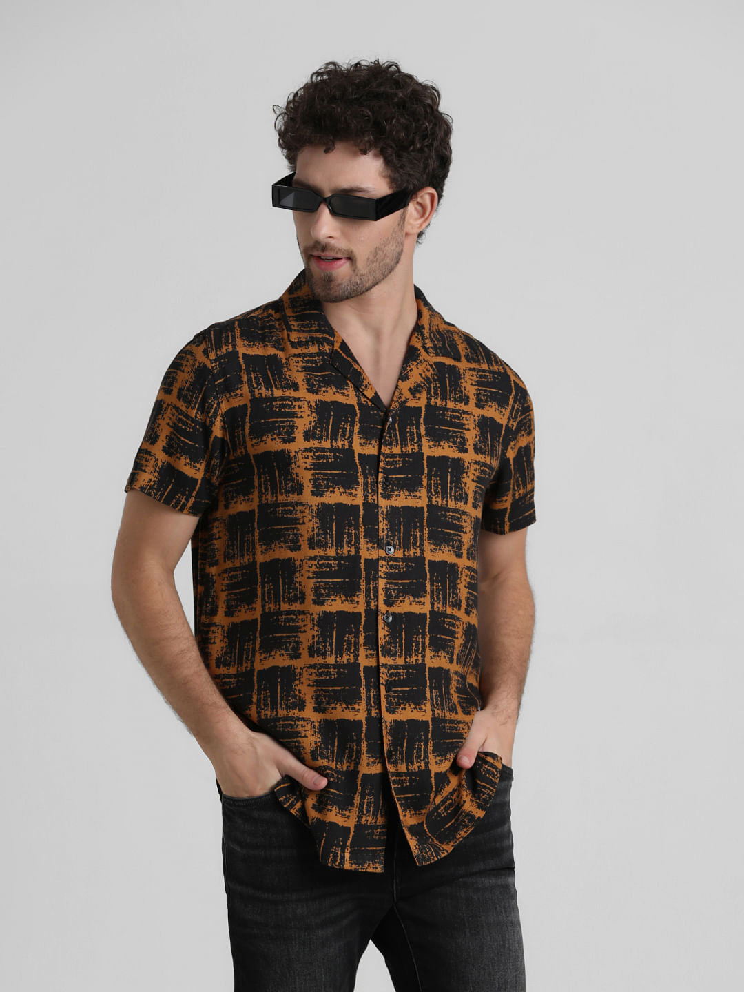 Brown Abstract Print Casual Shirt - S