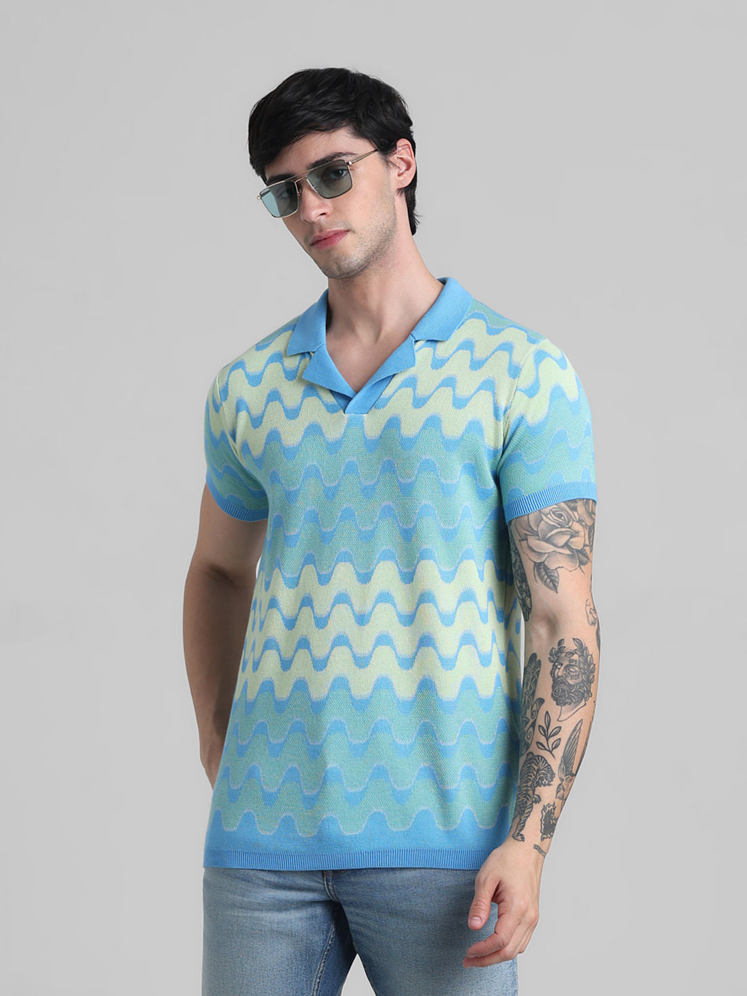 Blue Printed Knitted Polo - S