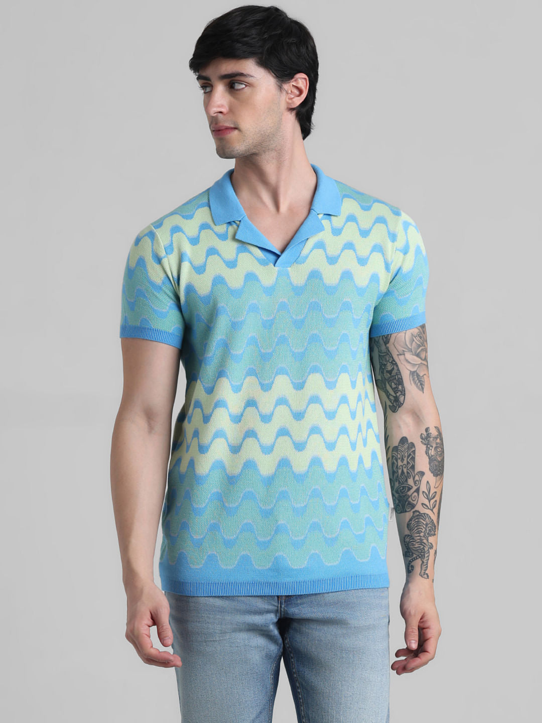 Blue Printed Knitted Polo