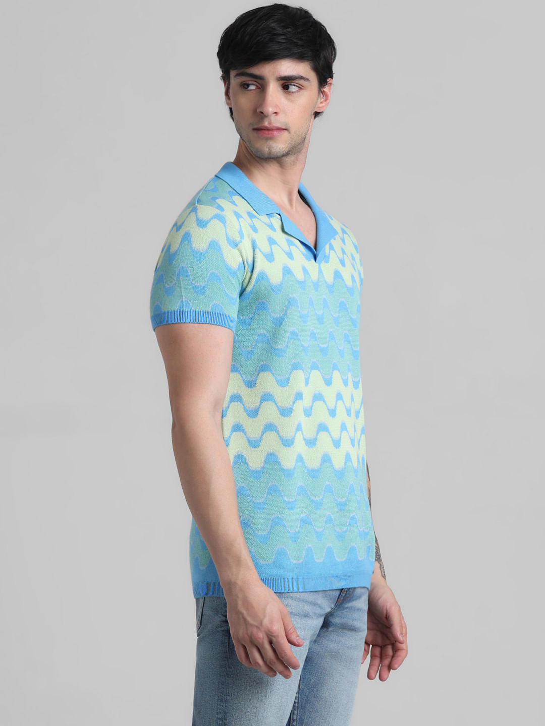 Blue Printed Knitted Polo