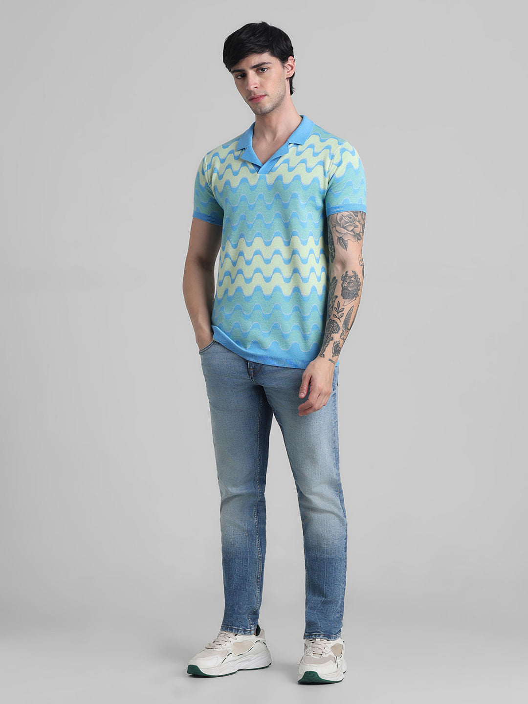 Blue Printed Knitted Polo