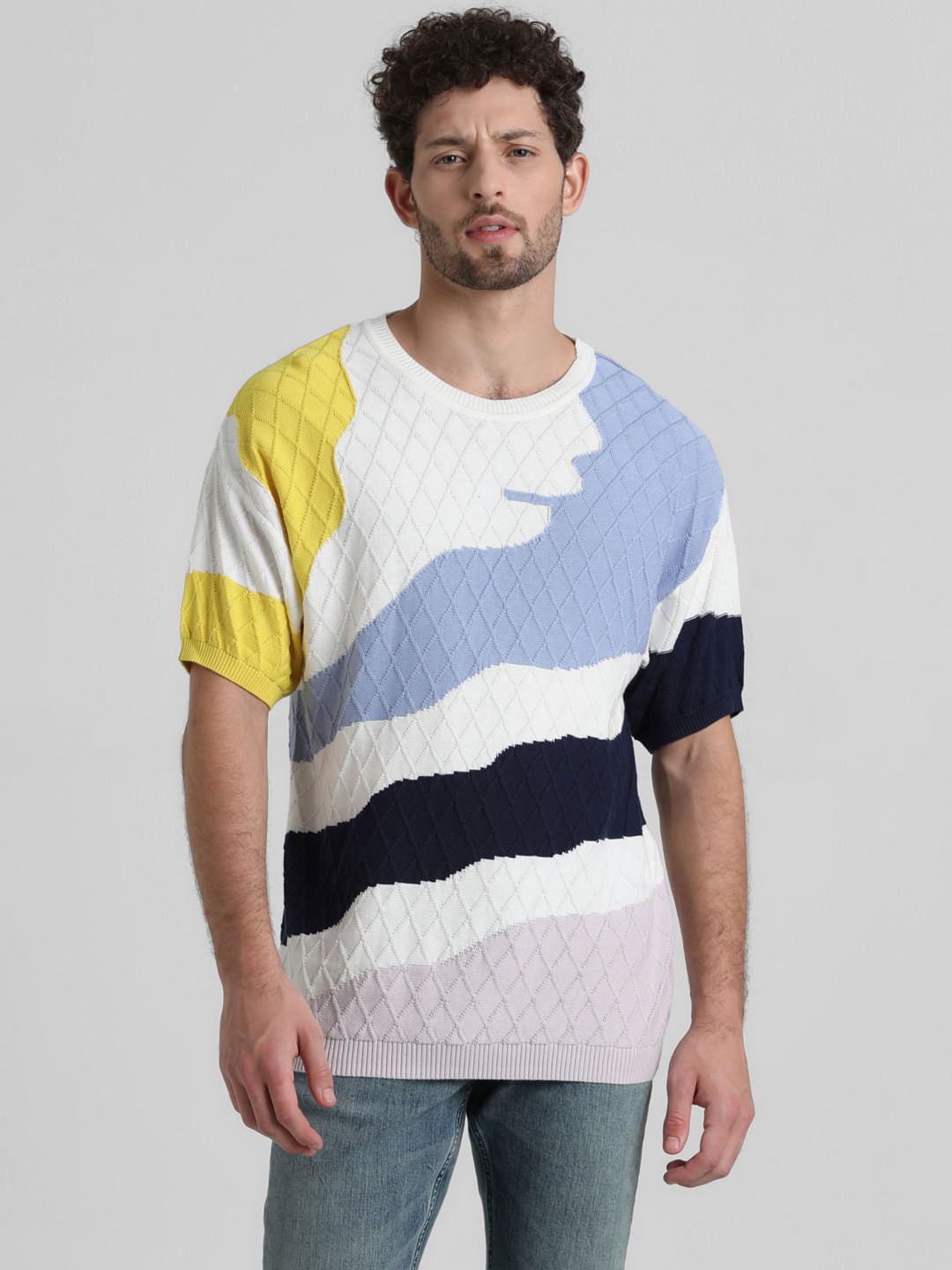 White Colourblocked Jacquard Oversized T-shirt - S