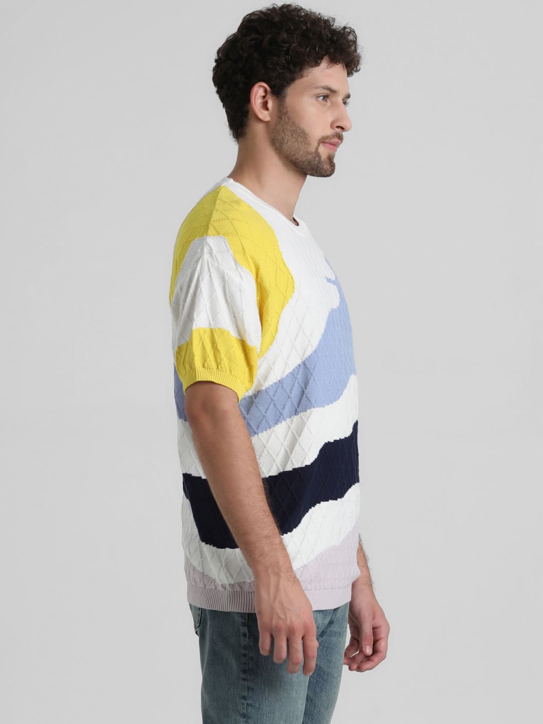 White Colourblocked Jacquard Oversized T-shirt
