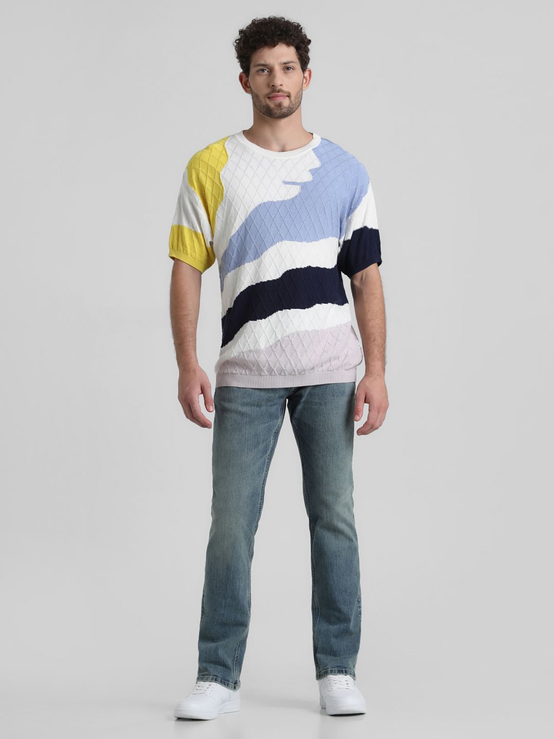 White Colourblocked Jacquard Oversized T-shirt
