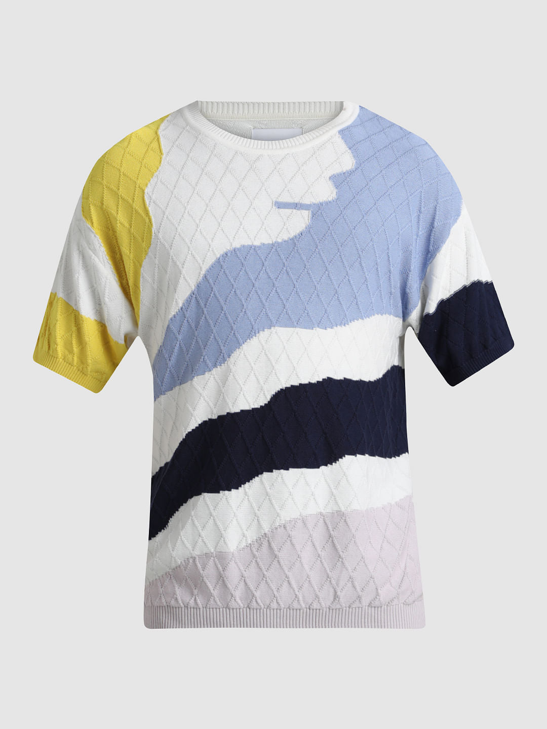White Colourblocked Jacquard Oversized T-shirt