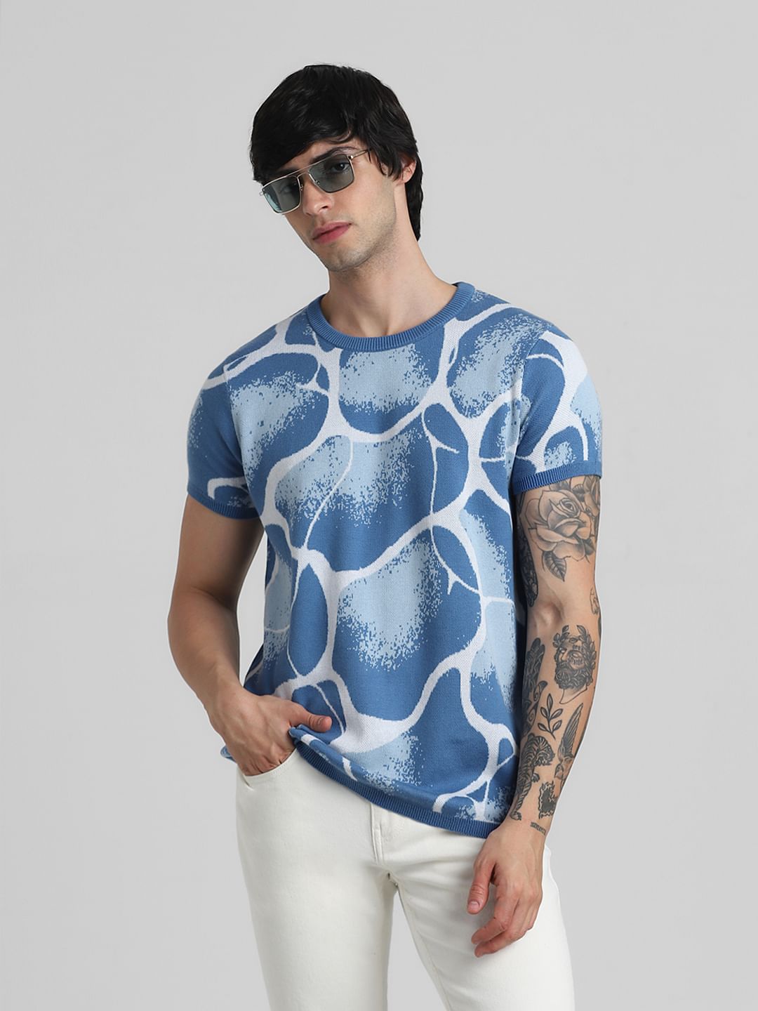Blue Printed Crew Neck T-shirt - S