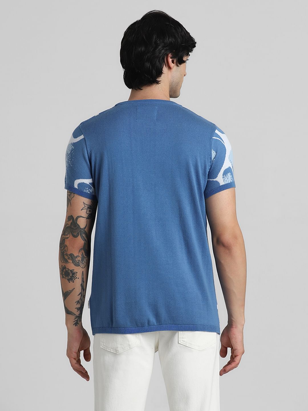 Blue Printed Crew Neck T-shirt