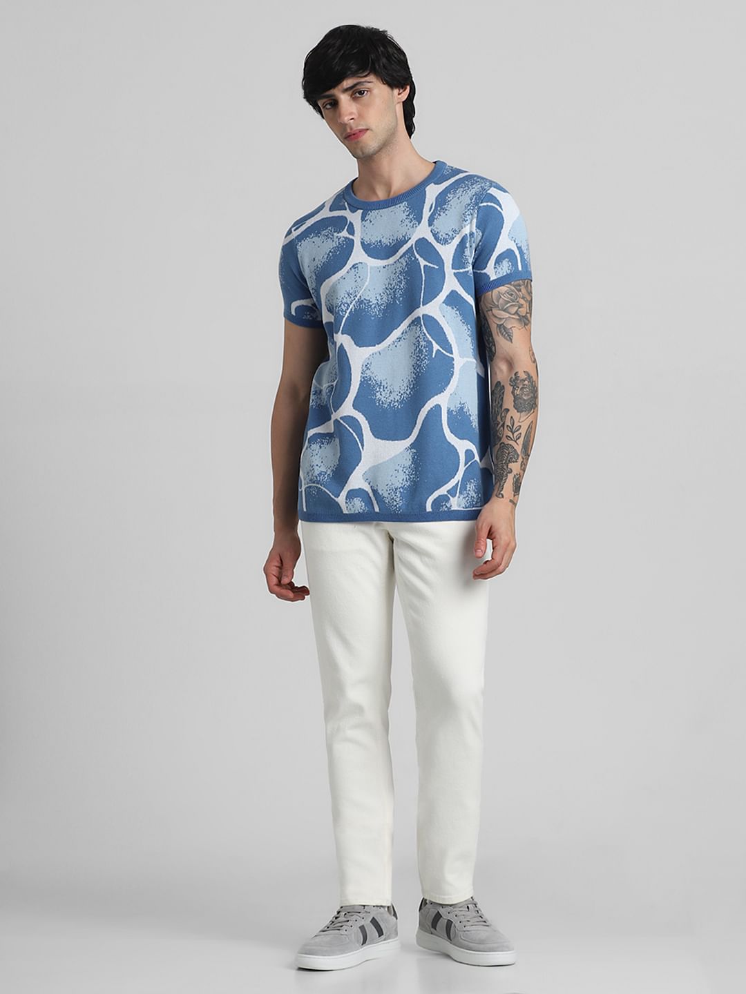 Blue Printed Crew Neck T-shirt