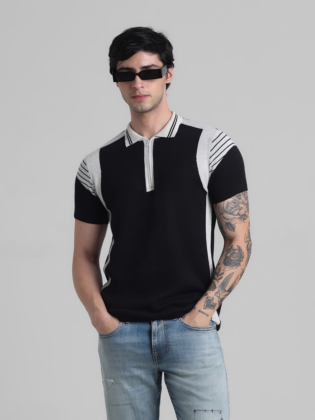 Black Colourblocked Knitted Polo - S