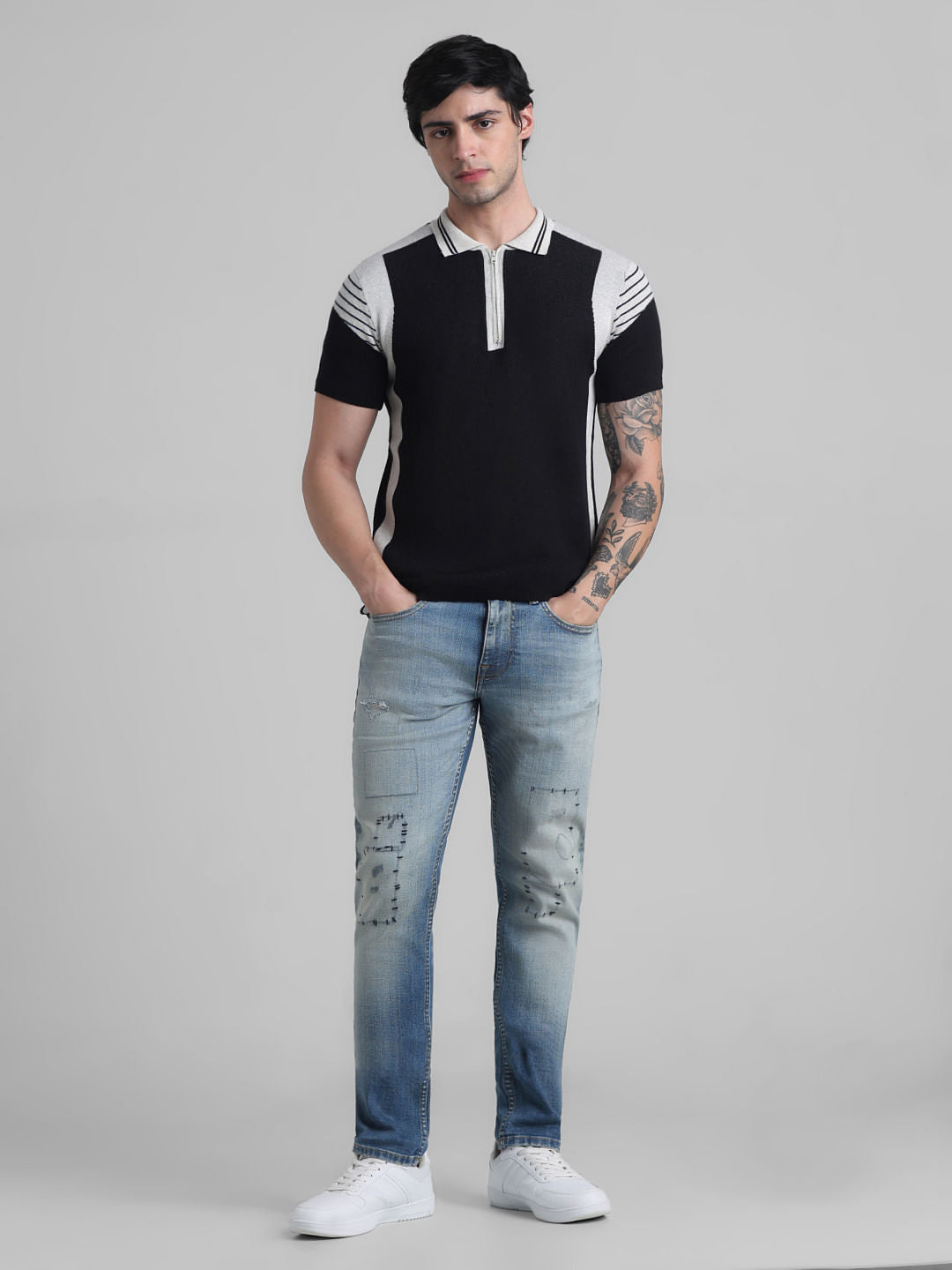 Black Colourblocked Knitted Polo