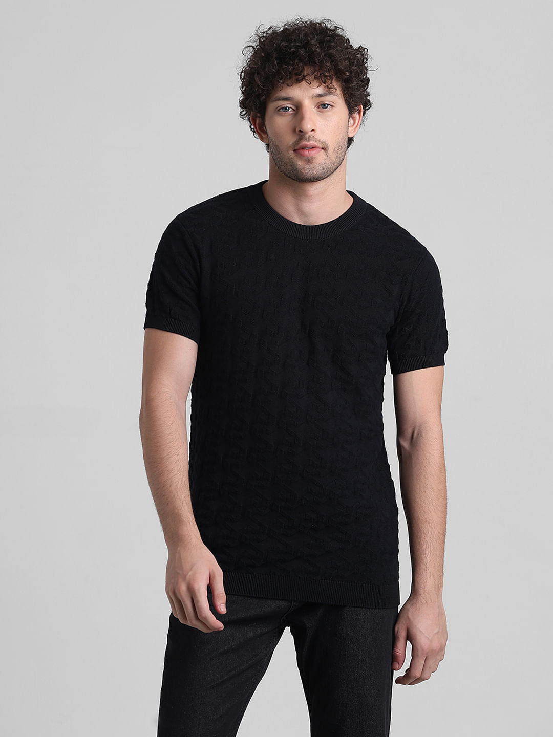 Black Textured Crew Neck T-shirt