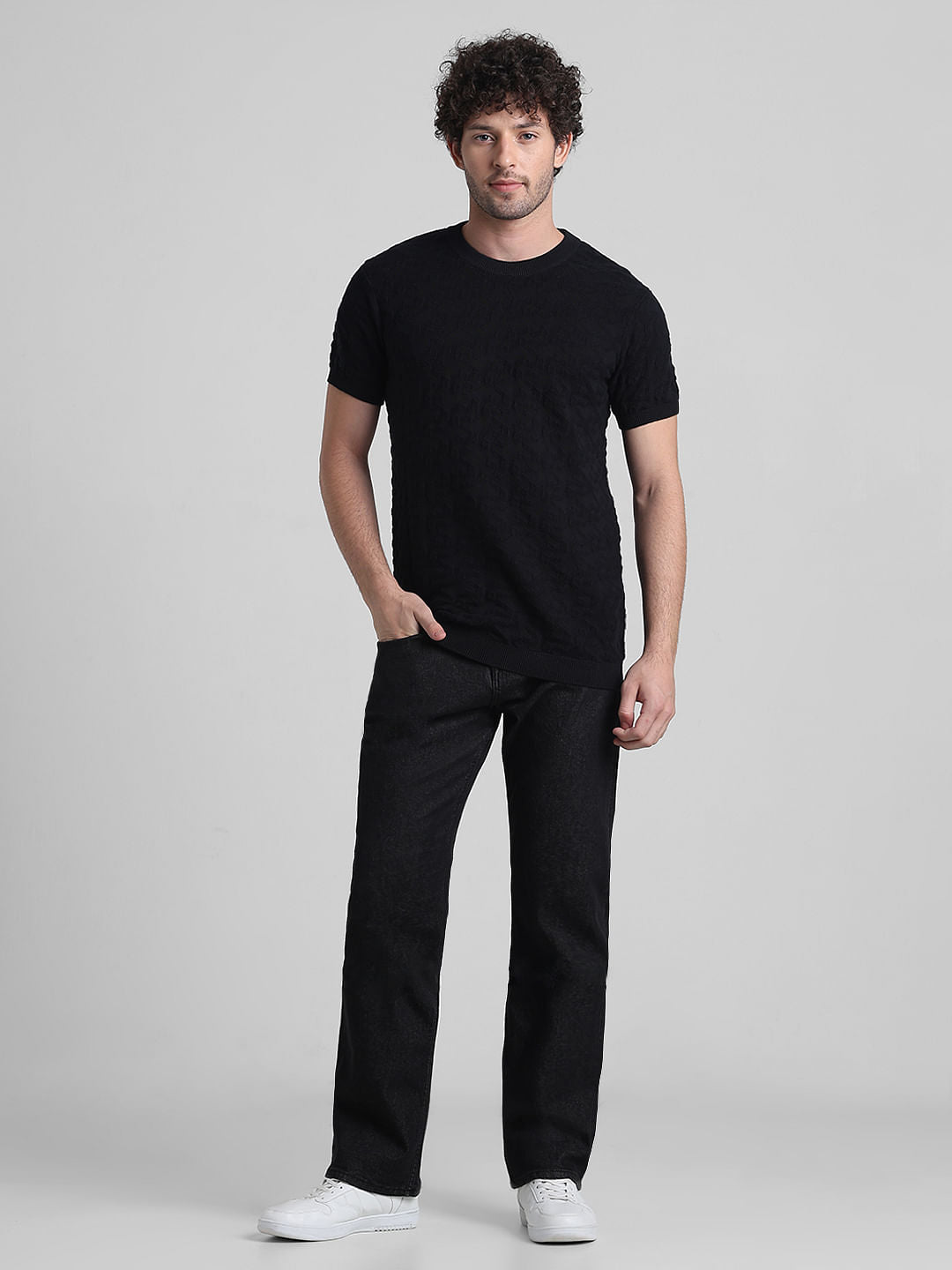 Black Textured Crew Neck T-shirt