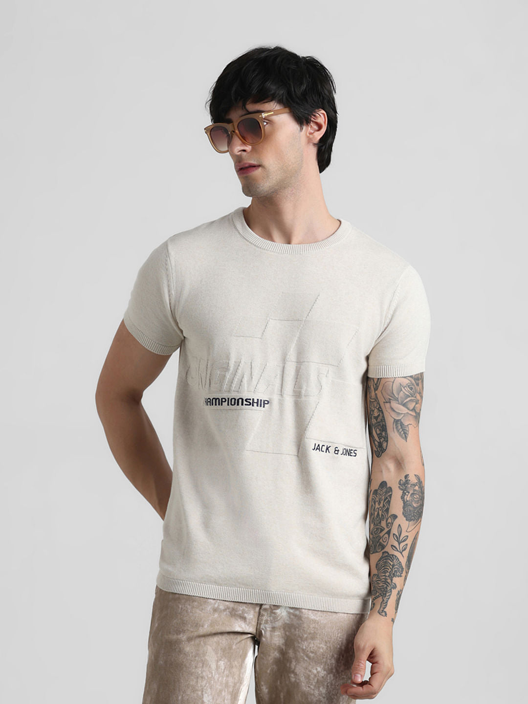 URBAN RACER by JACK&JONES Beige Printed Knitted T-shirt - S