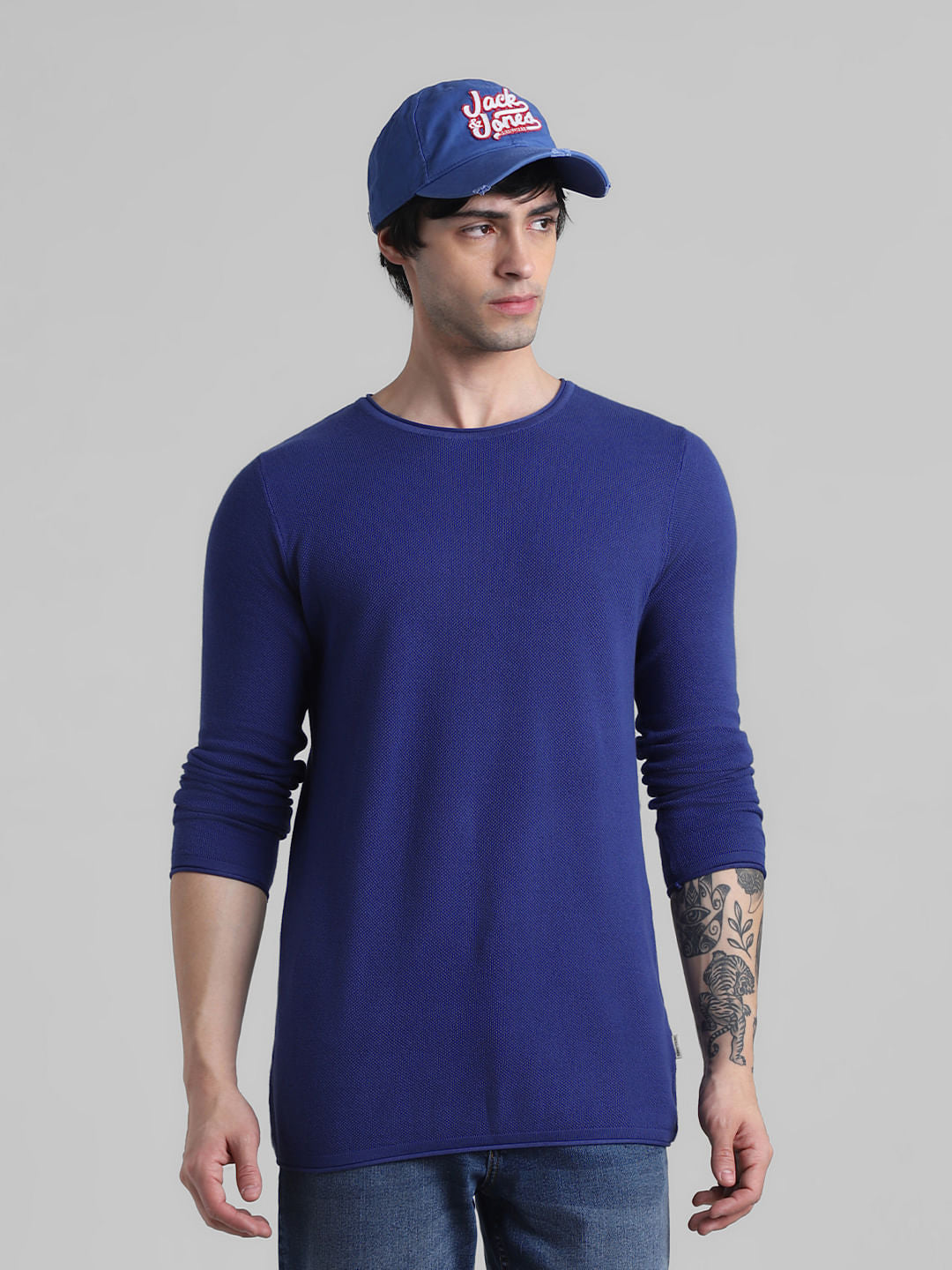 Dark Blue Knitted Cotton Pullover - S