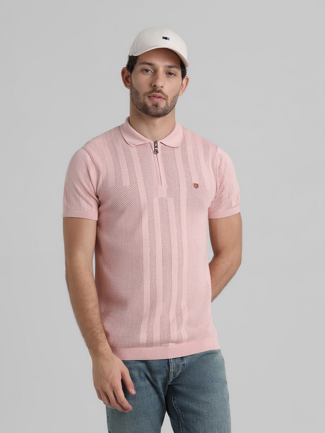Pink Jacquard Knitted Polo - S