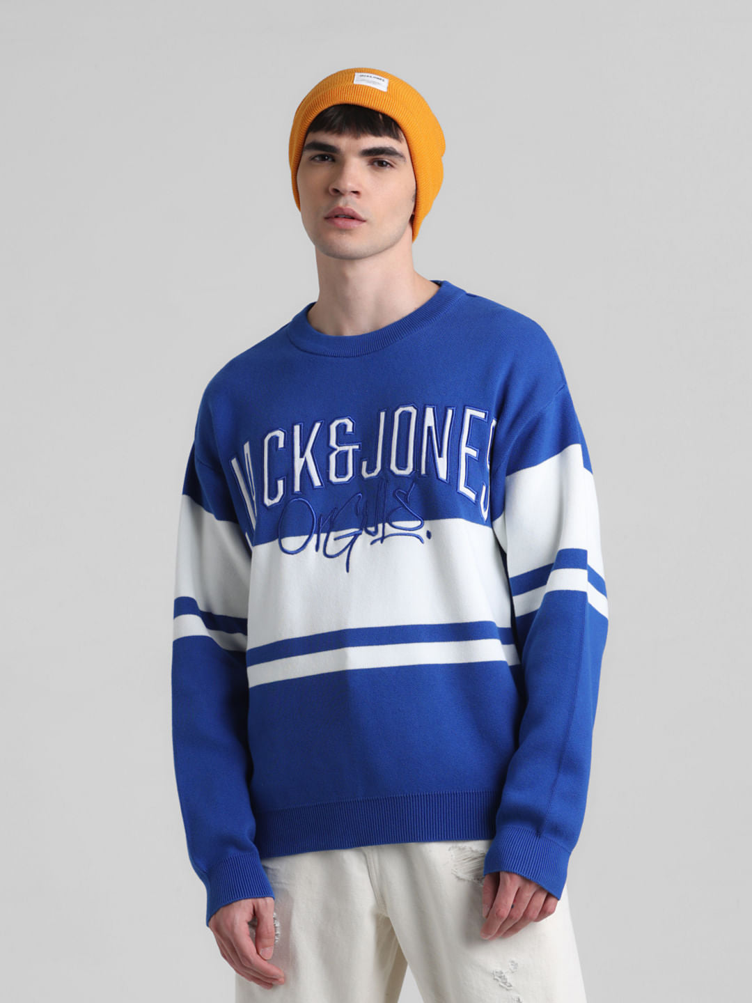Blue Colourblocked Oversized Pullover - S