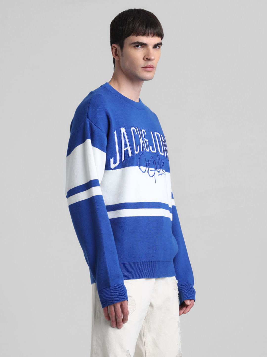 Blue Colourblocked Oversized Pullover