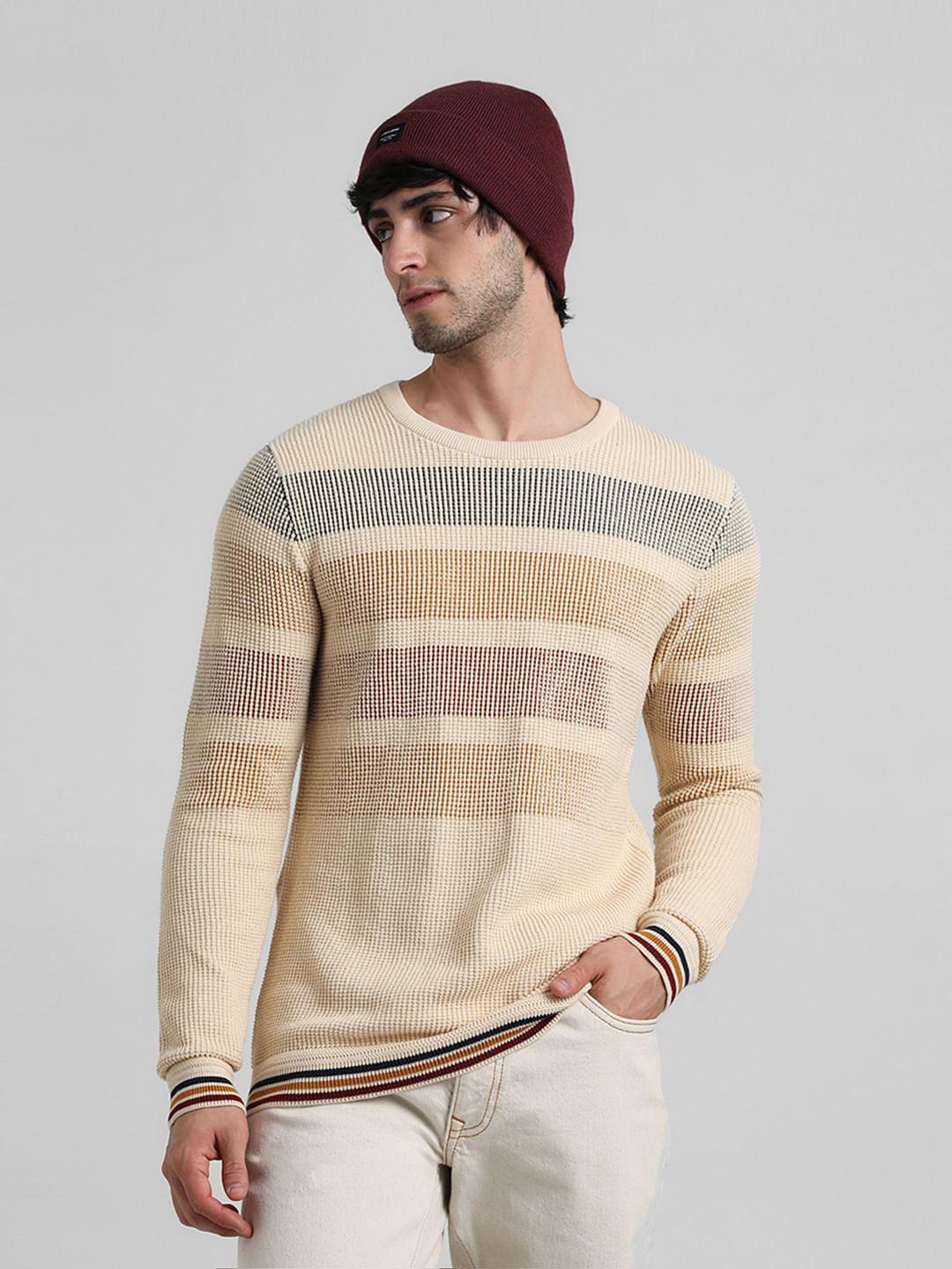 Beige Jacquard Pullover - S