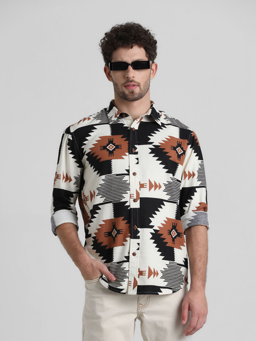 White Abstract Print Full Sleeves Shirt