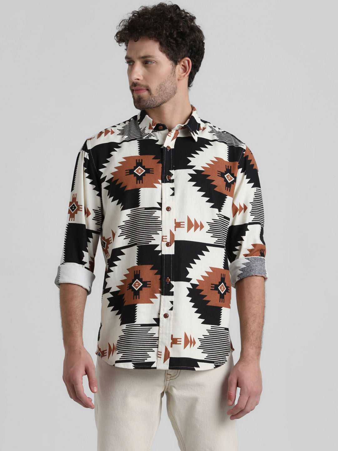 White Abstract Print Full Sleeves Shirt
