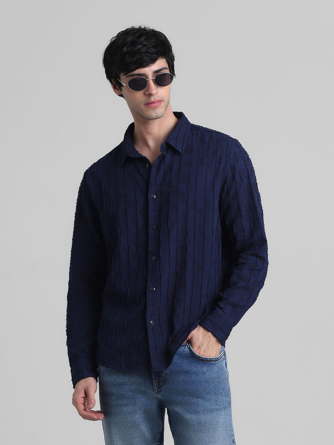 Dark Blue Jacquard Oversized Shirt - S