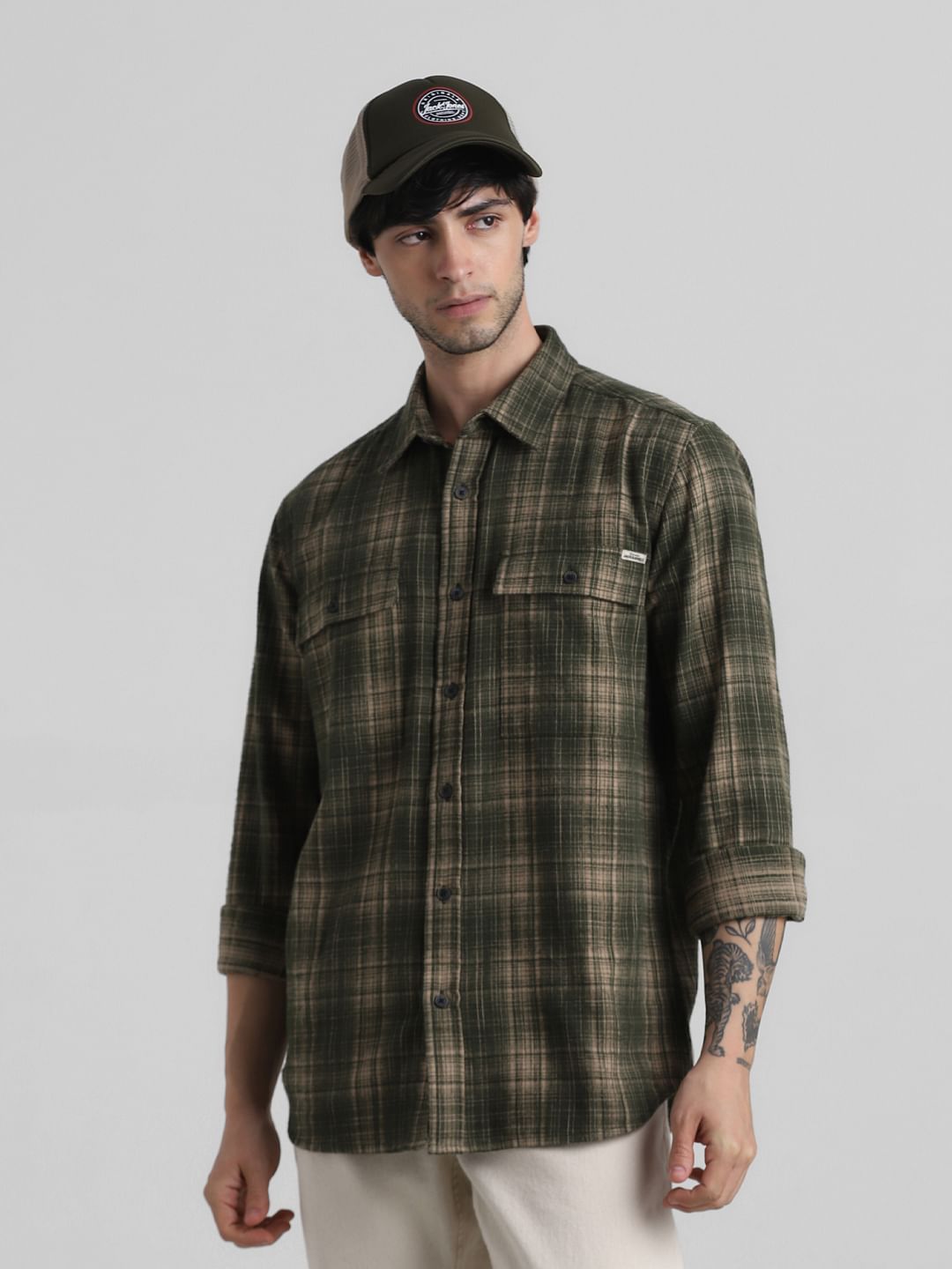 Green Check Print Full Sleeves Shirt - S