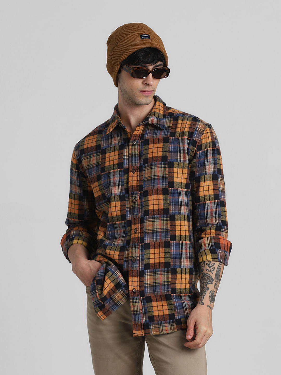 Brown Check Print Jacquard Shirt - S