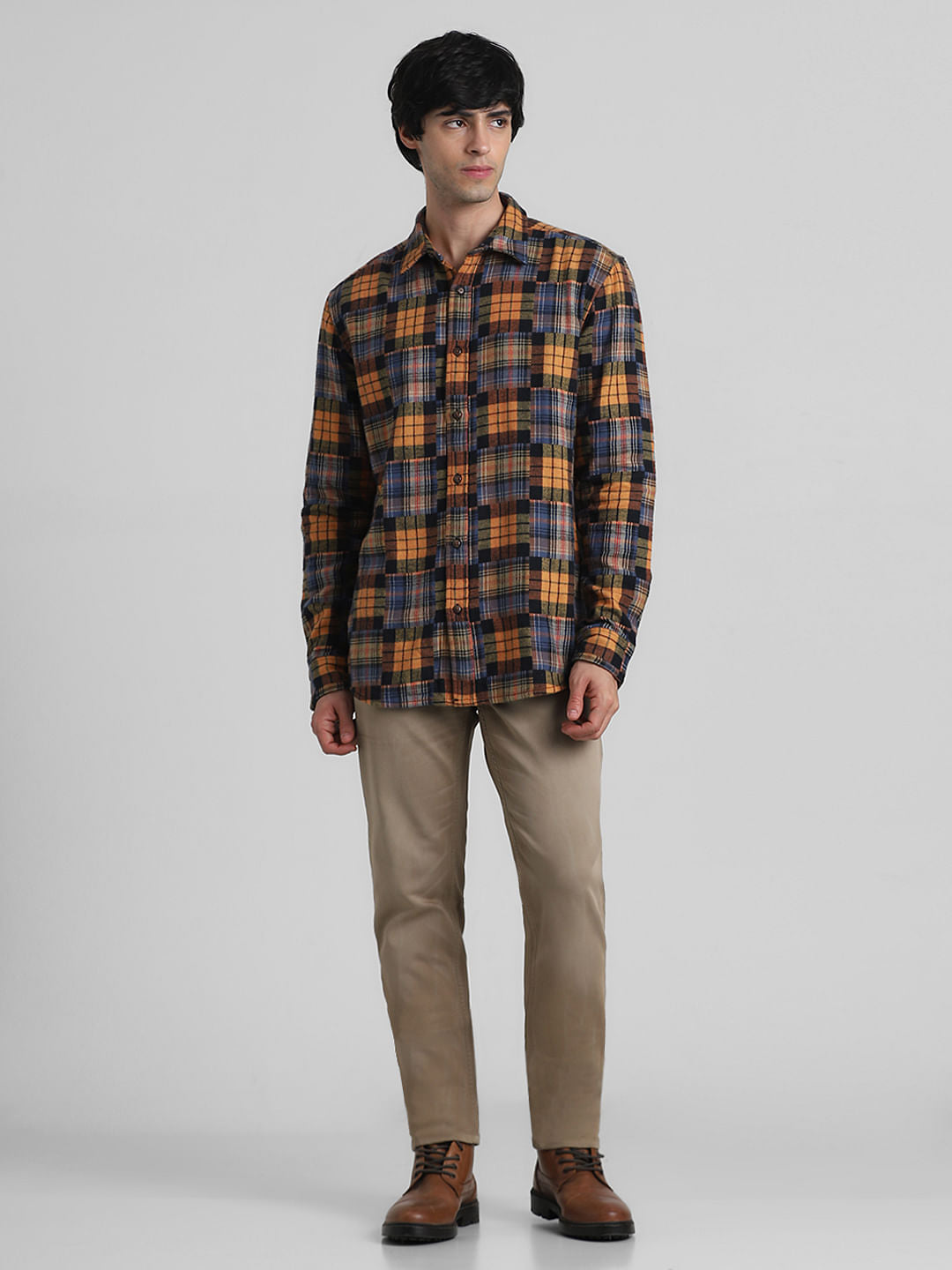 Brown Check Print Jacquard Shirt