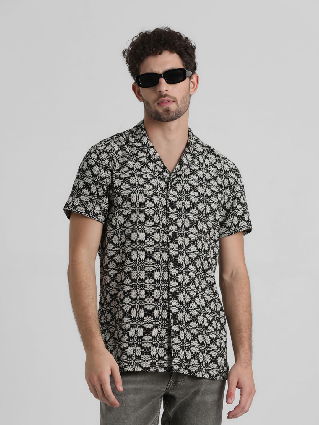 Black Printed Jacquard Shirt - S