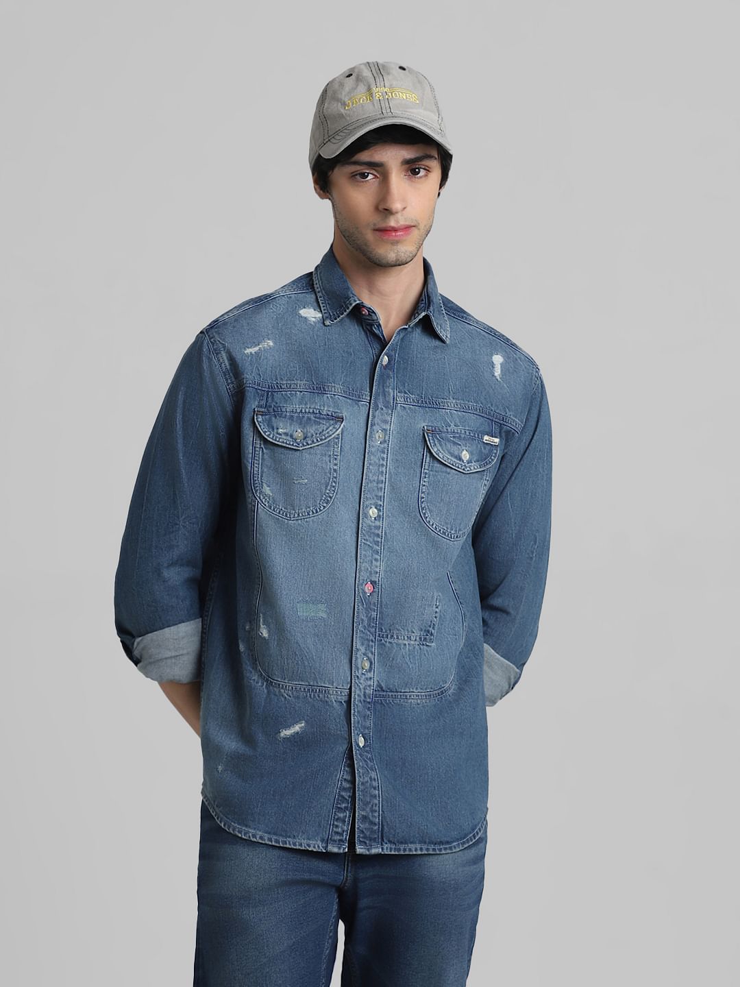 Blue Mildly Distressed Denim Shirt - S