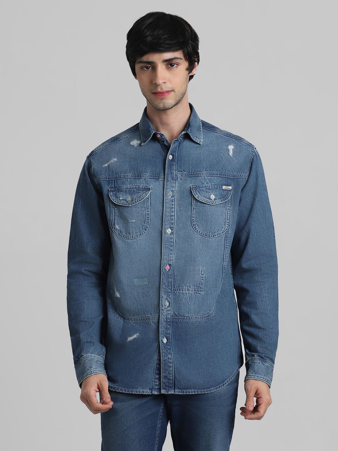 Blue Mildly Distressed Denim Shirt