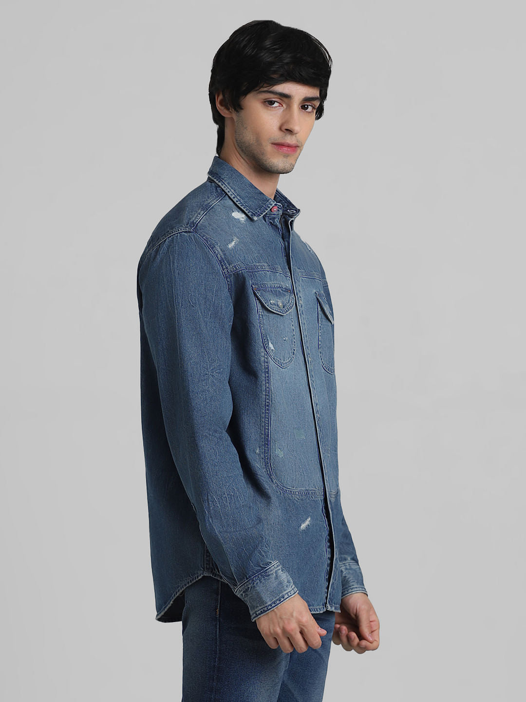 Blue Mildly Distressed Denim Shirt