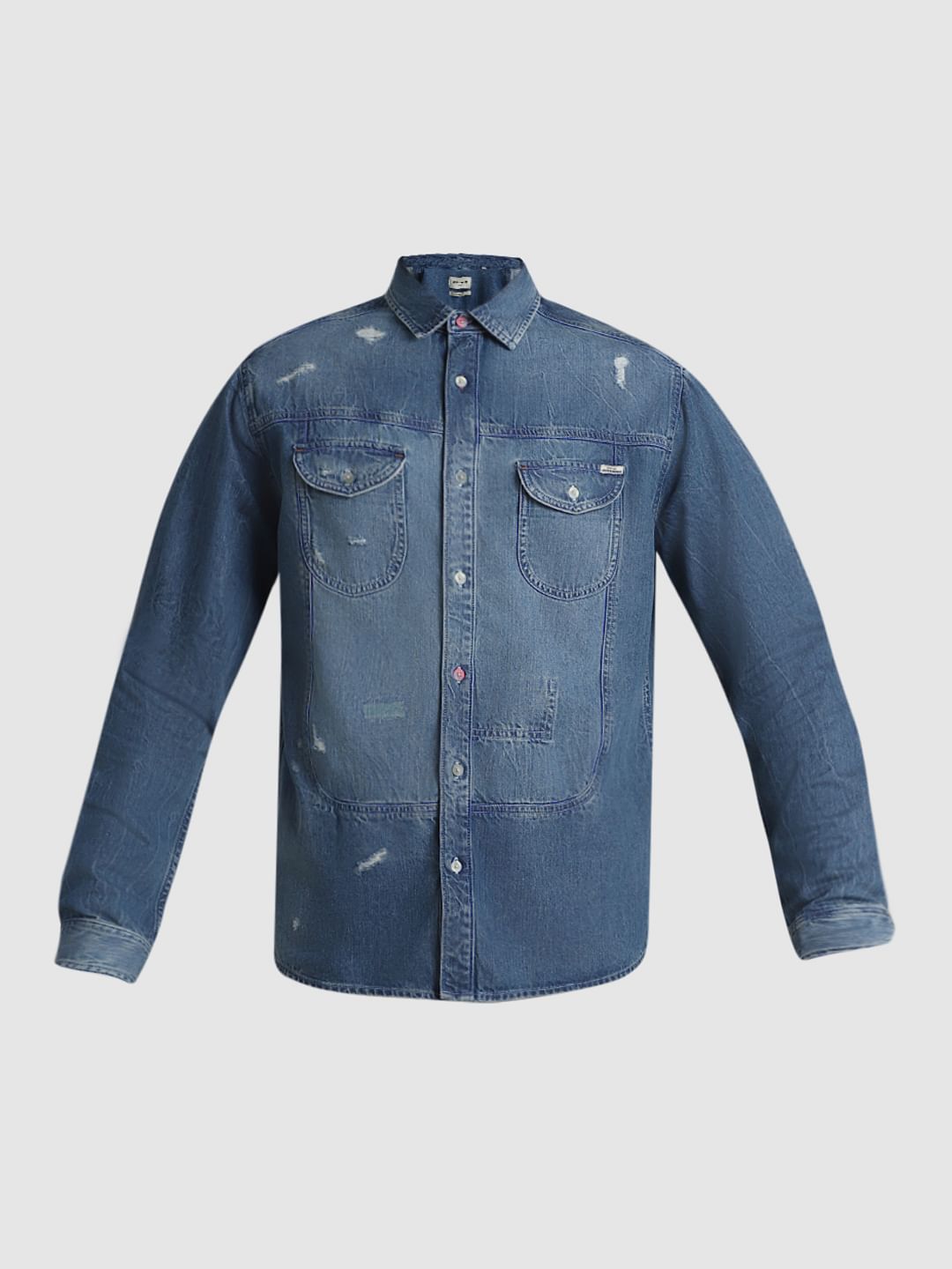 Blue Mildly Distressed Denim Shirt
