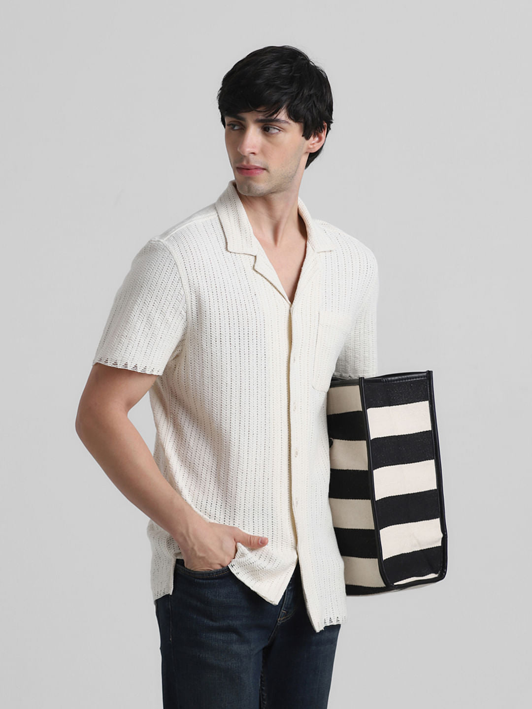 Beige Striped Short Sleeves Shirt - S