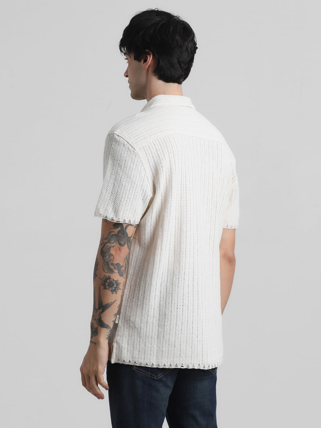Beige Striped Short Sleeves Shirt