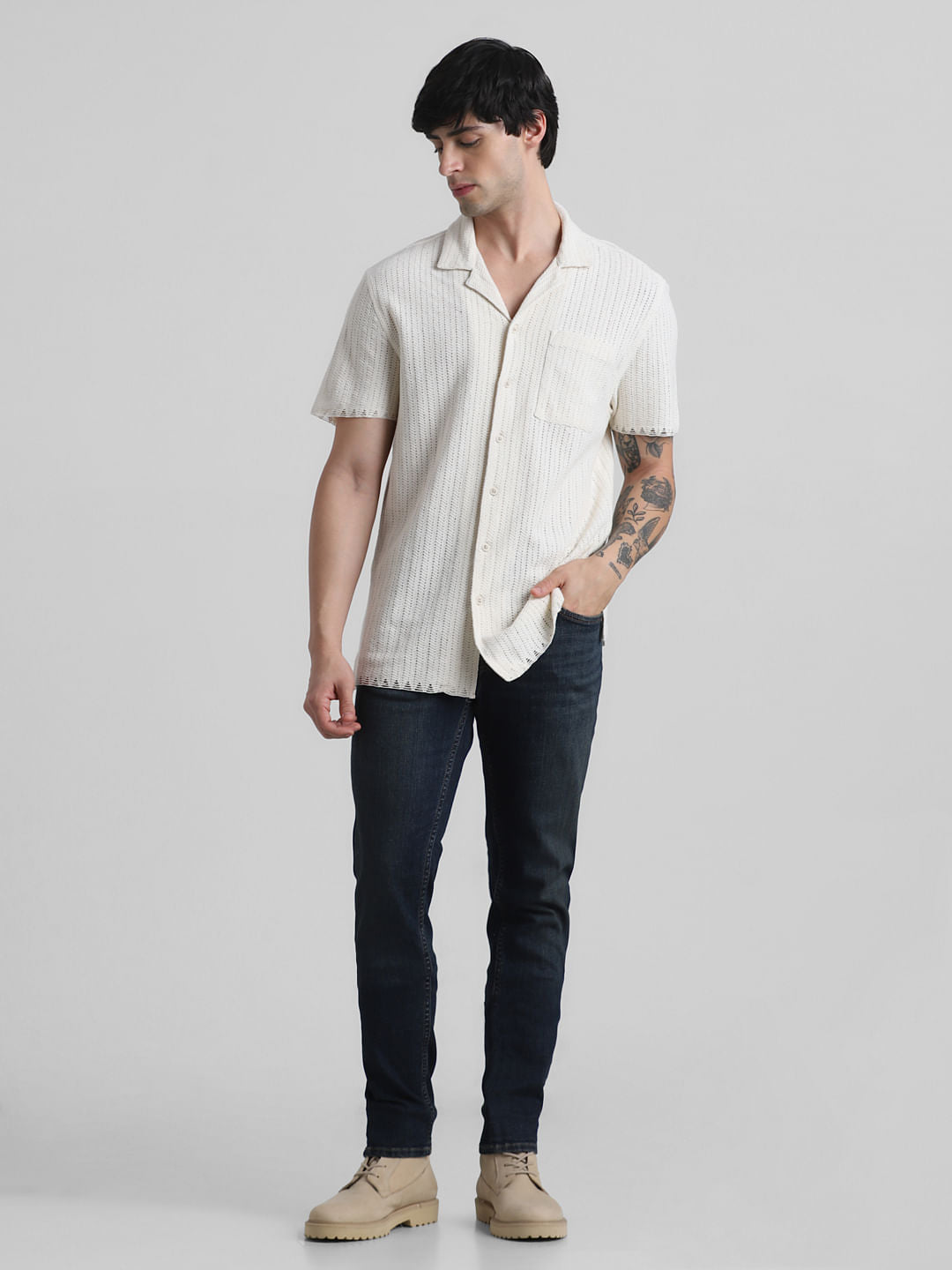 Beige Striped Short Sleeves Shirt